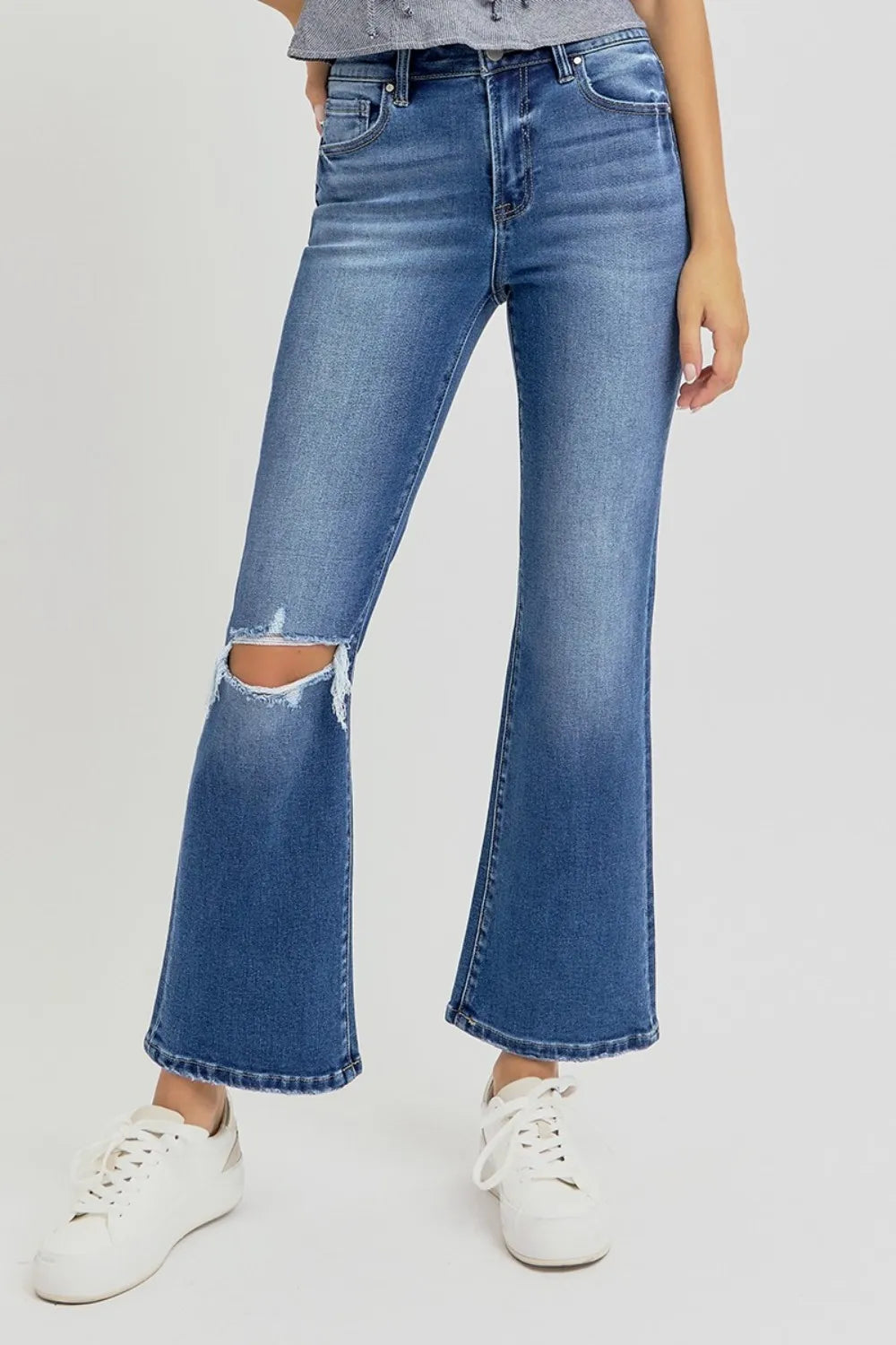 RISEN Full Size Distressed High Rise Crop Flare Jeans - Jeans Junction Online