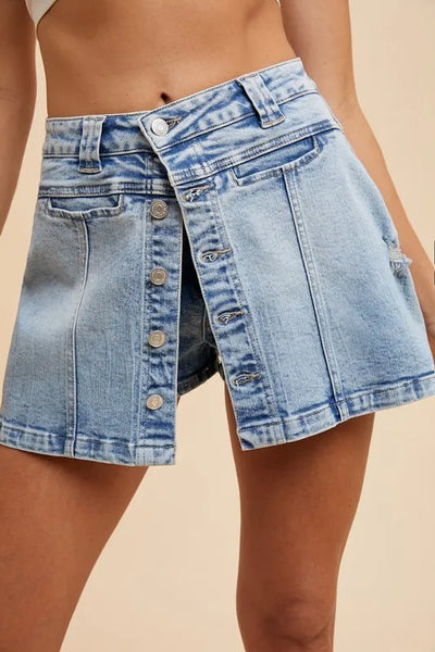 Annie Wear Button Detail Stretch Denim Wrap Mini Skort - Jeans Junction Online