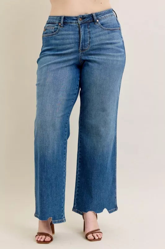 Judy Blue Full Size High Waist Tummy Control Chew Hem Destroy Wide Jeans Plus Size - Jeans Junction Online