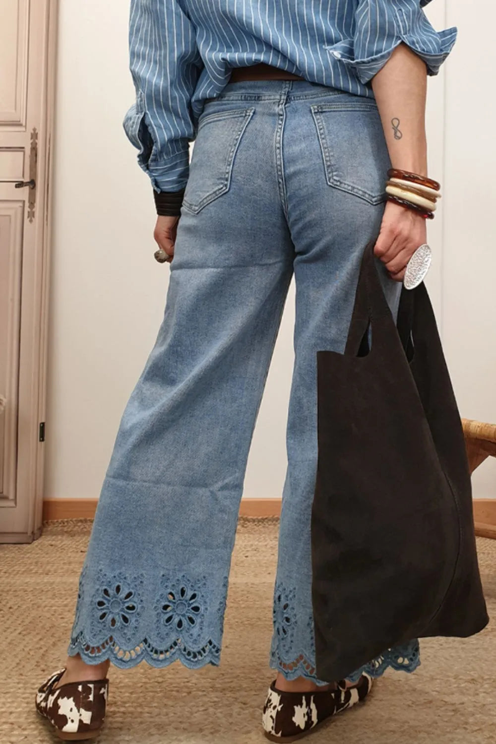 Lace Detail Cropped Wide Leg Jeans - Jeans Junction Online