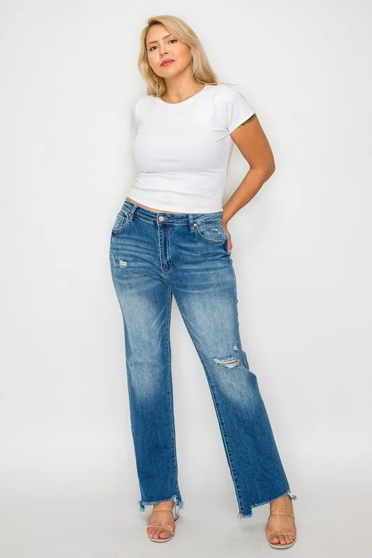 bytos Full Size Raw Hem Distressed Mid Rise Straight Jeans - Jeans Junction Online