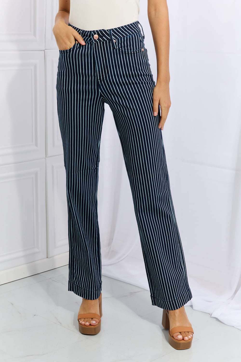 Judy Blue Cassidy Full Size High Waisted Tummy Control Striped Straight Jeans - Jeans Junction Online