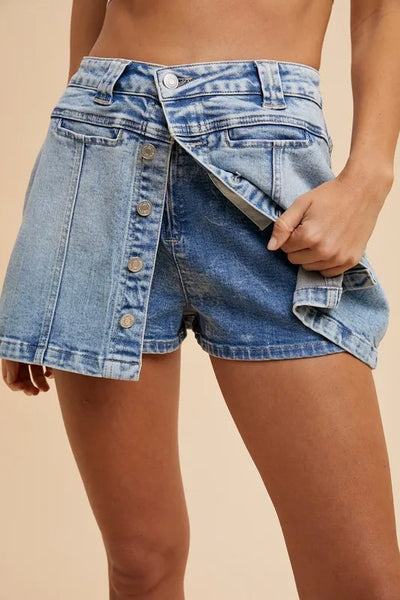 Annie Wear Button Detail Stretch Denim Wrap Mini Skort - Jeans Junction Online