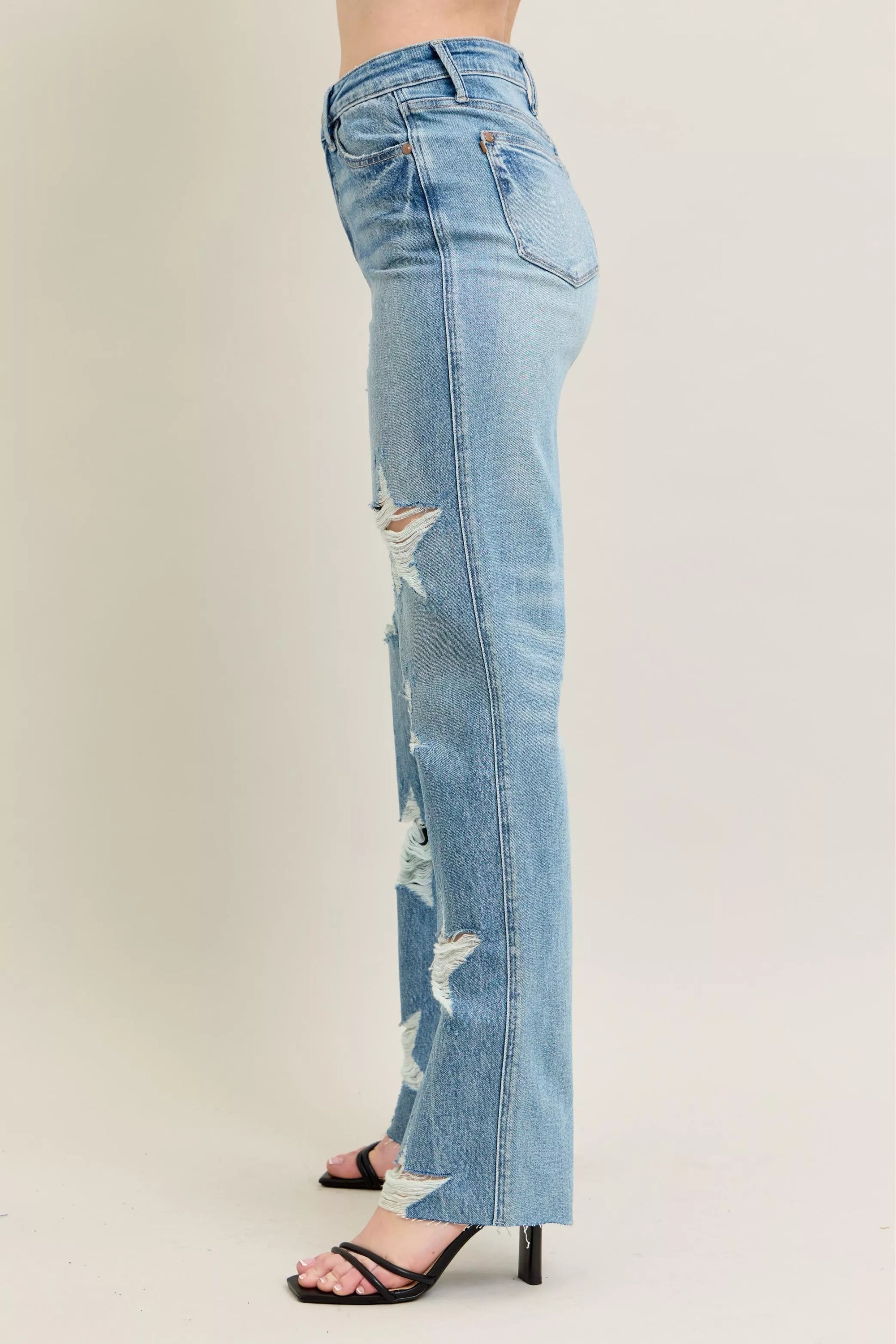 Judy Blue Full Size High Waist Rigid Magic Star Shaped Destroy 90's Straight Jeans Plus Size - Jeans Junction Online