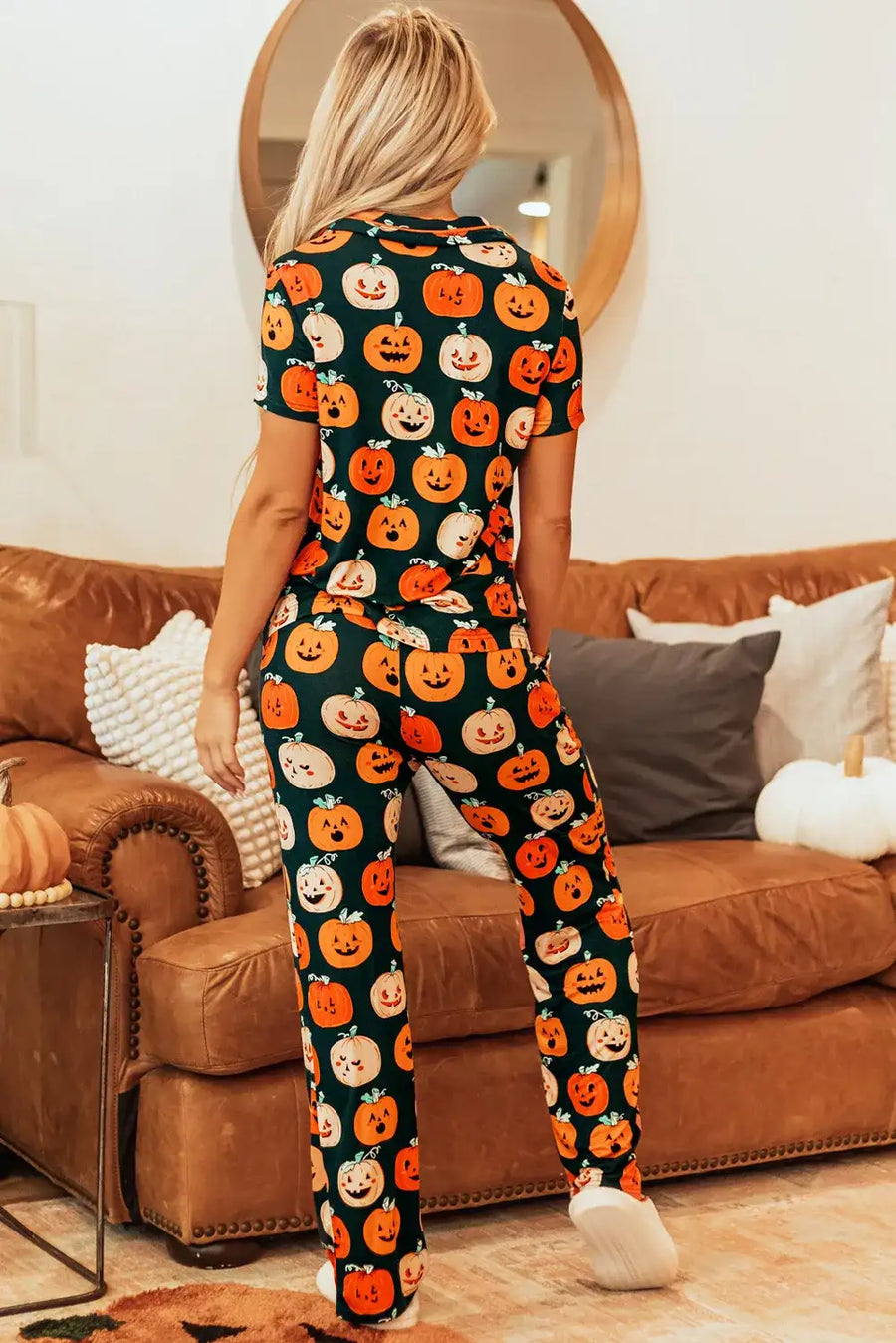 Pumpkin Printed Short Sleeve Top and Pants Lounge Set - Jeans Junction Online 