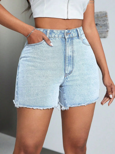 High-Waisted Raw Hem Denim Shorts - Jeans Junction Online