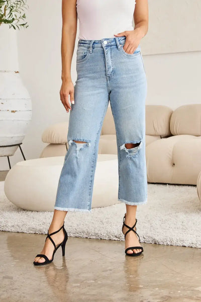 RFM Full Size Tummy Control High Waist Raw Hem Distressed Jeans - Jeans Junction Online