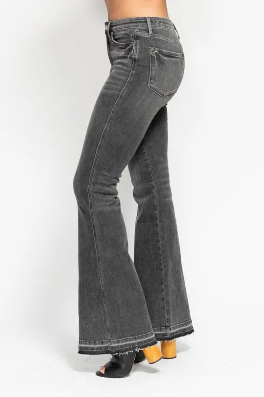 Judy Blue Full Size Mid Rise Tummy Control Washed Gray Release Hem Flare Jeans Plus Size - Jeans Junction Online