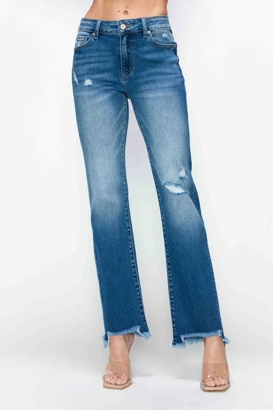 bytos Full Size Raw Hem Distressed Mid Rise Straight Jeans - Jeans Junction Online