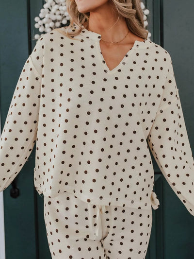 Polka Dot Notched Long Sleeve Top and Drawstring Joggers Lounge Set - Jeans Junction Online