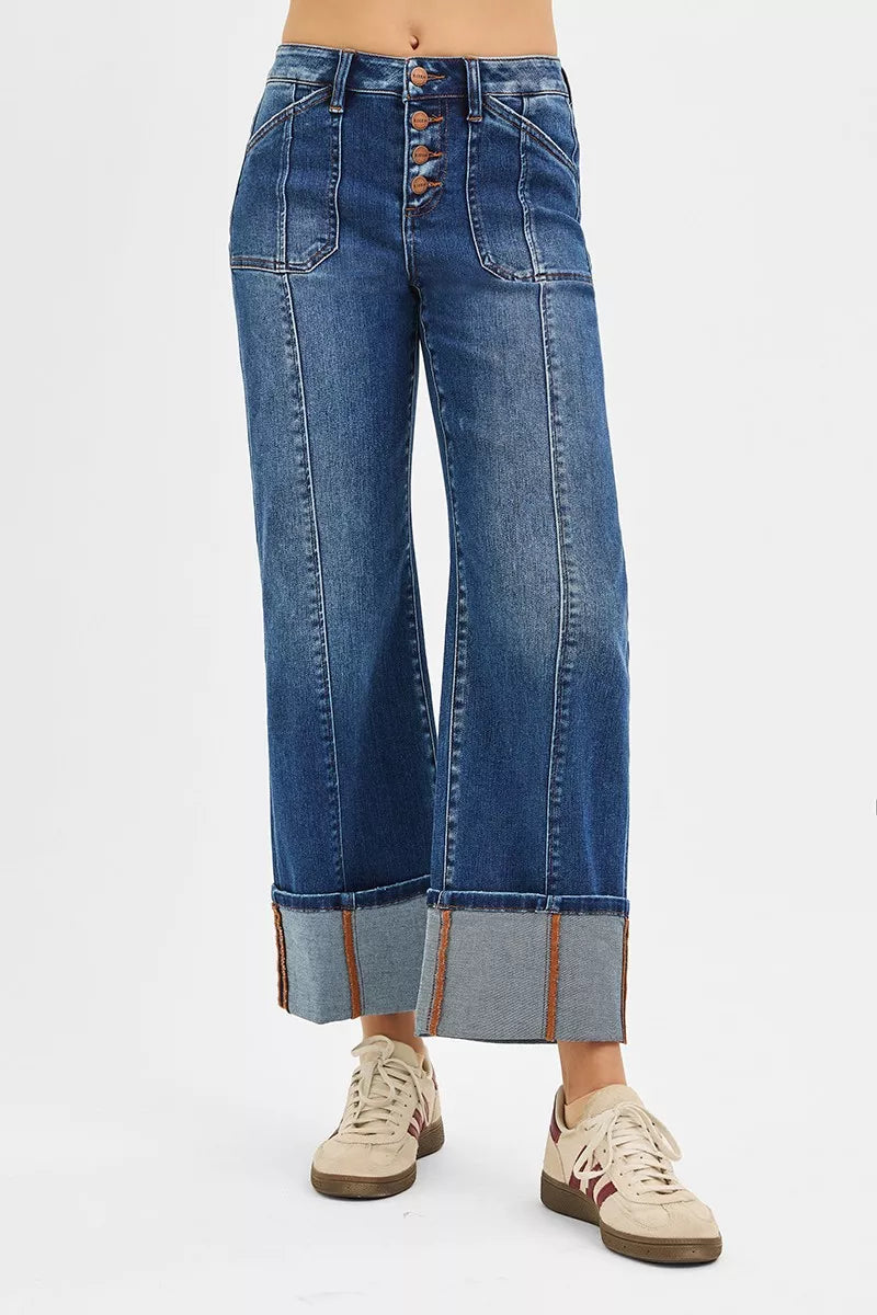 RISEN Full Size High Rise Crop Wide Straight Cuffed Jeans Plus Size - Jeans Junction Online 