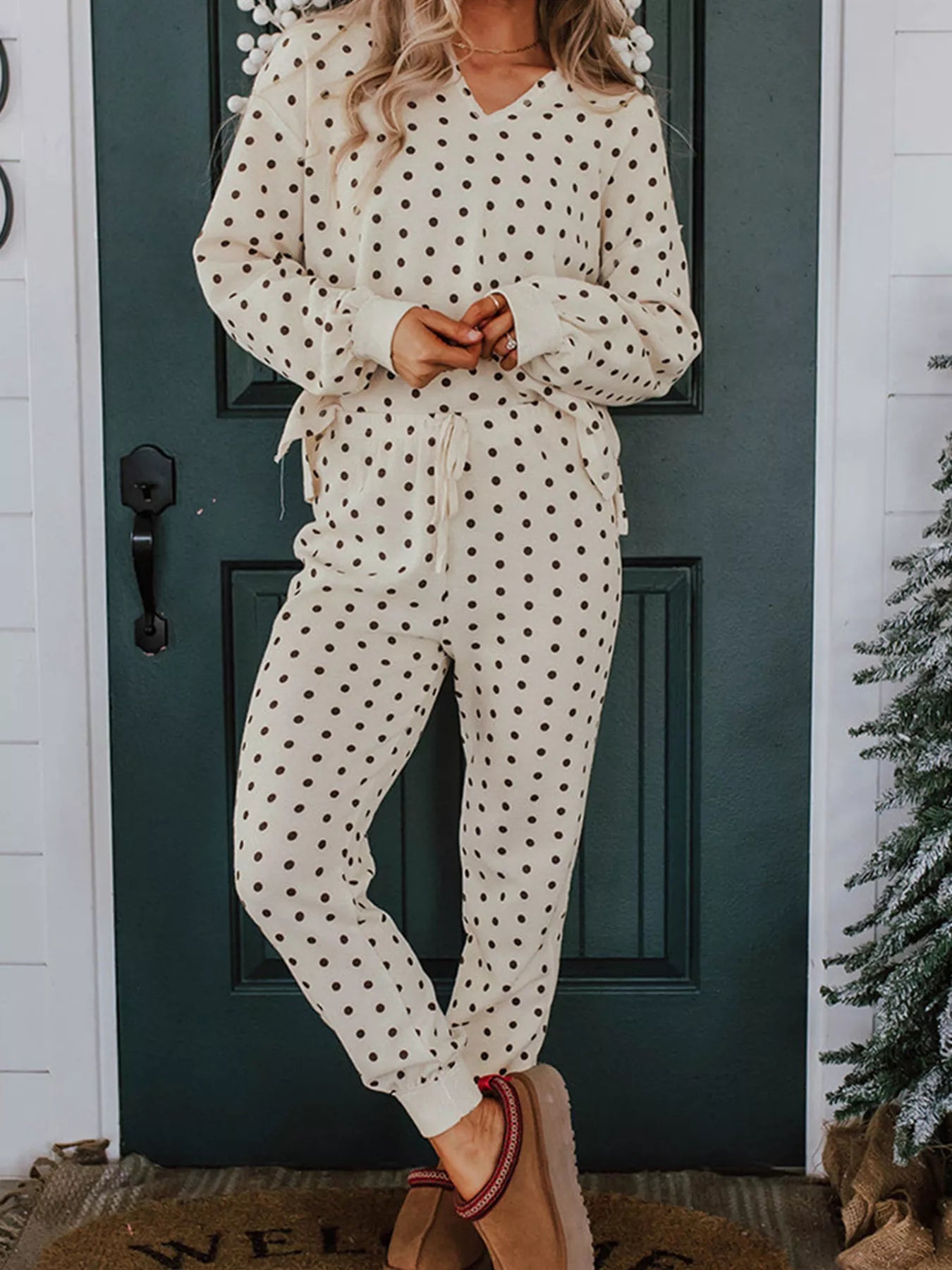 Polka Dot Notched Long Sleeve Top and Drawstring Joggers Lounge Set - Jeans Junction Online