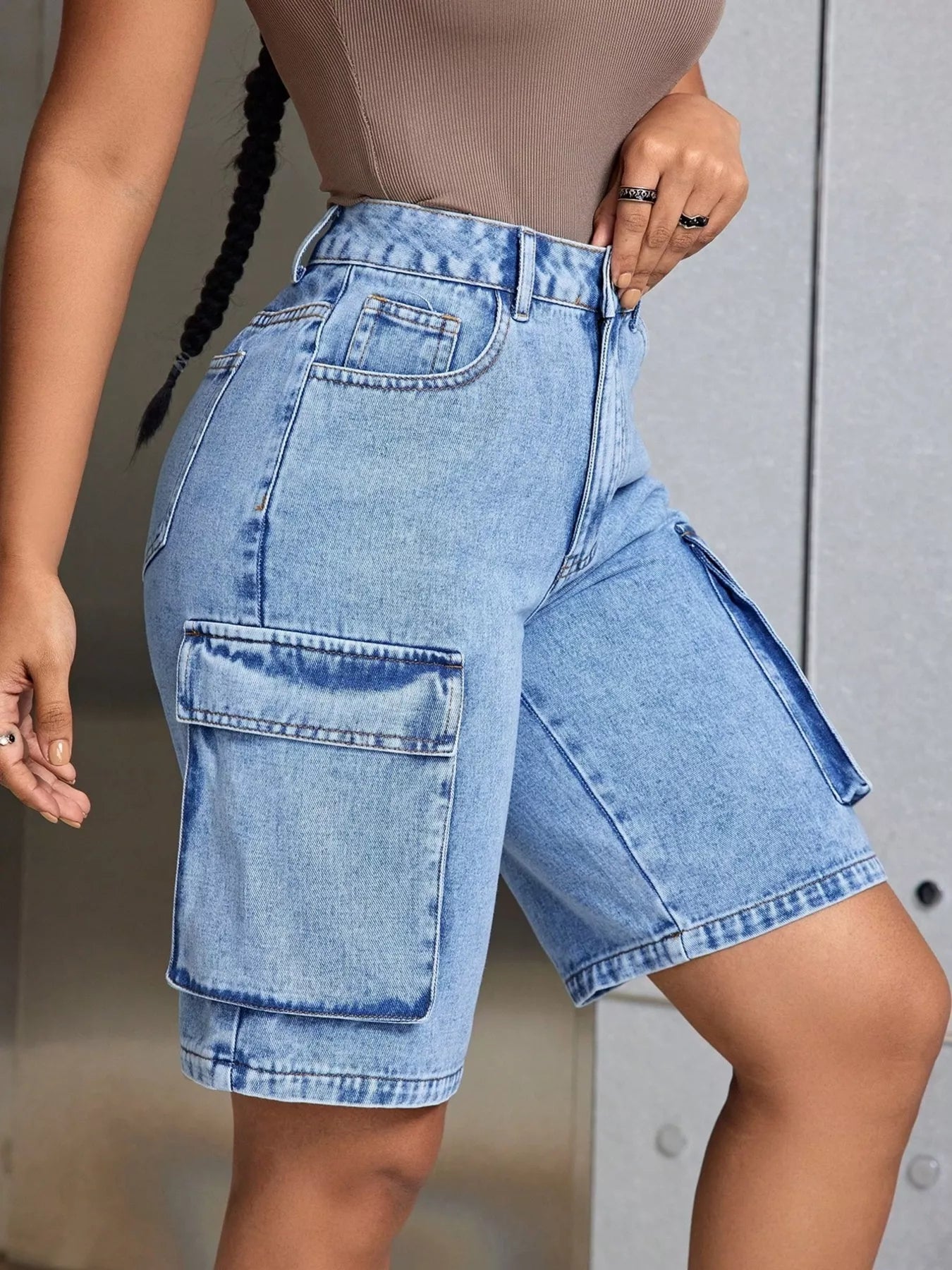 High-Waisted Cargo Denim Shorts - Jeans Junction Online