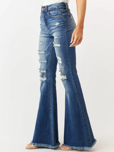 Distressed Raw Hem High-Waisted Flare Jeans - Jeans Junction Online