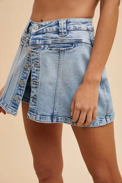 Annie Wear Button Detail Stretch Denim Wrap Mini Skort - Jeans Junction Online