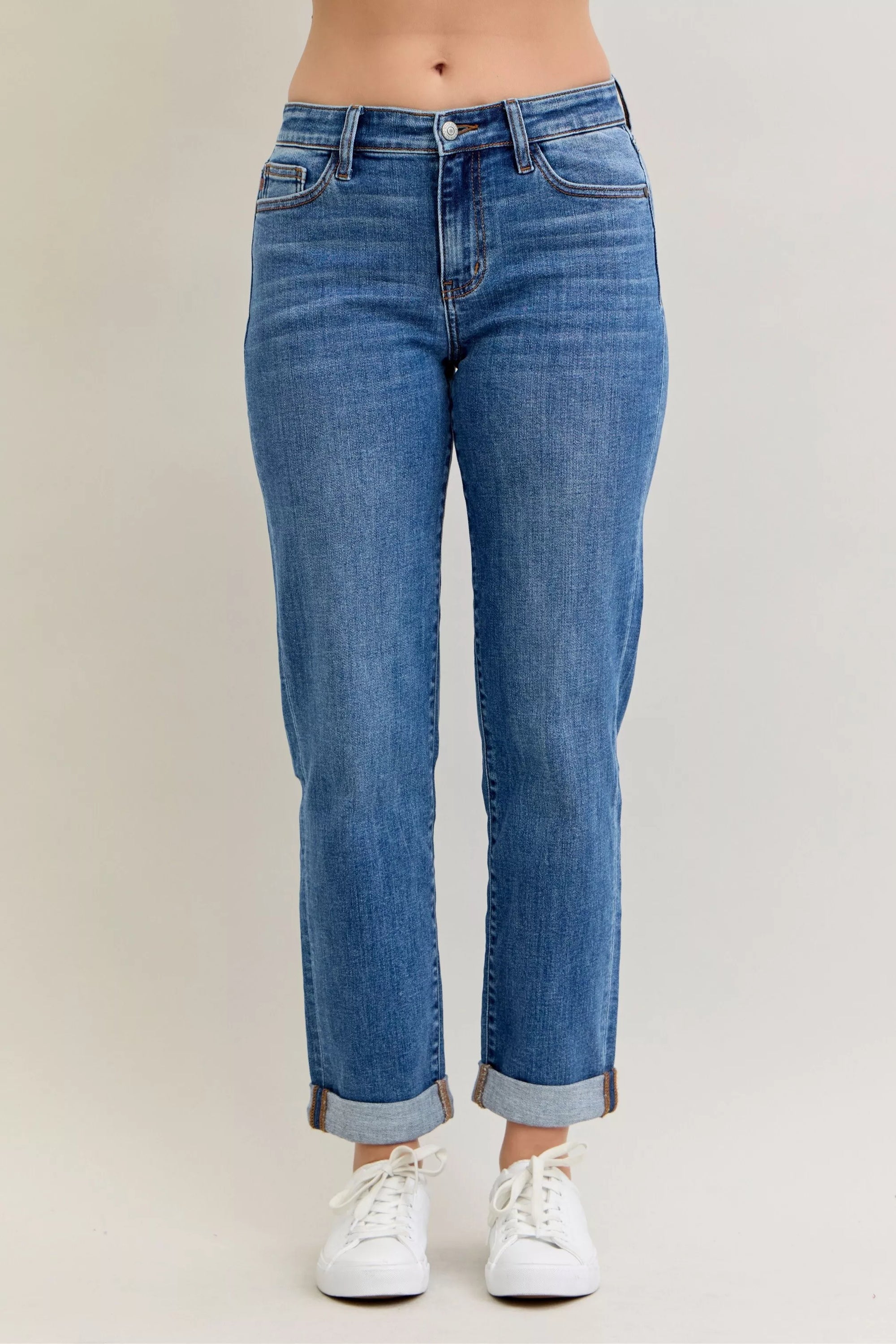 Judy Blue Full Size Mid Rise BF Classic Cuffed Jeans Plus Size - Jeans Junction Online
