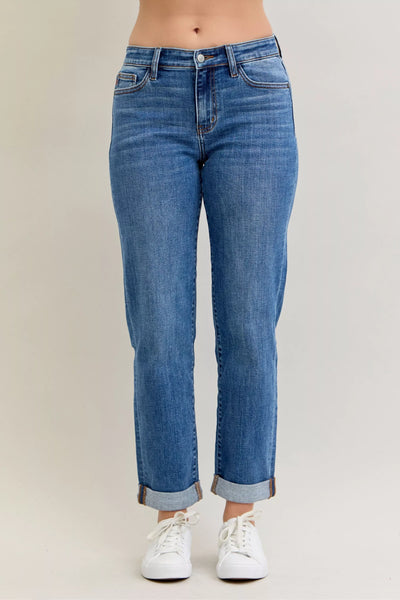 Judy Blue Full Size Mid Rise BF Classic Cuffed Jeans Plus Size - Jeans Junction Online