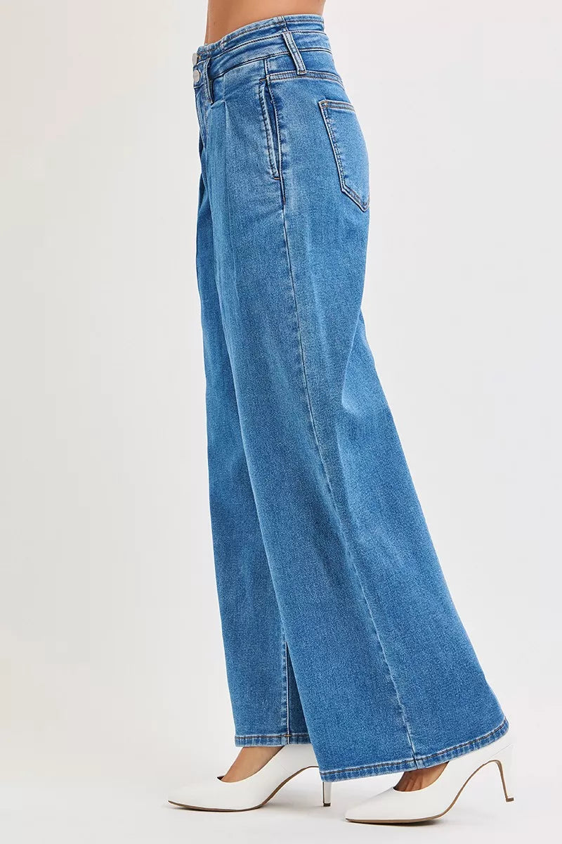 RISEN Full Size Mid Rise Fit Wide Leg with Pleated Detail Jeans Plus Size - Jeans Junction Online