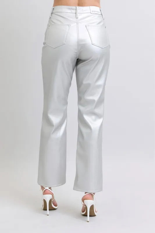 Judy Blue Full Size High Waist Silver Faux Leather Pants Plus Size - Jeans Junction Online