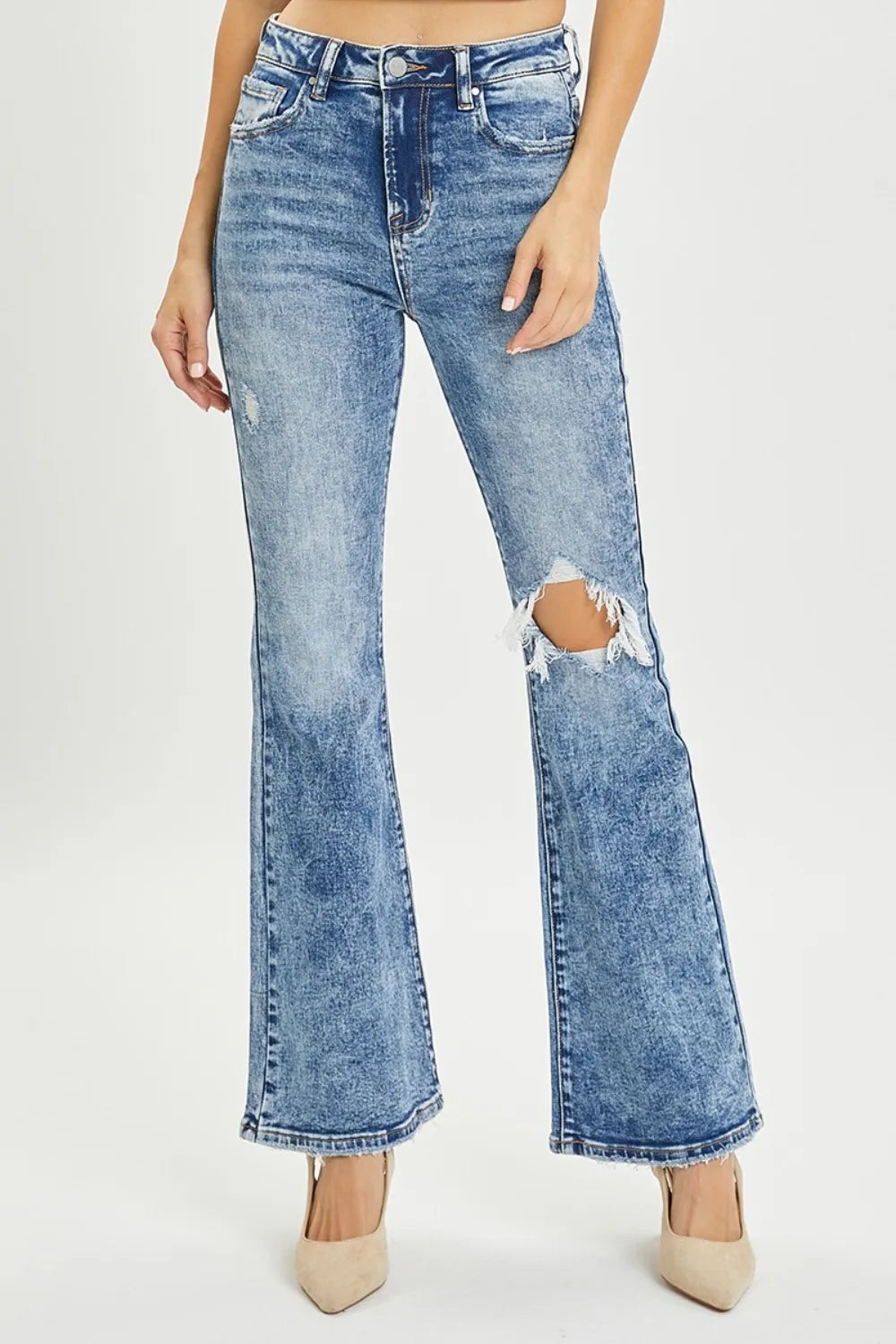 RISEN Full Size High Rise Distressed Flare Jeans - Jeans Junction Online