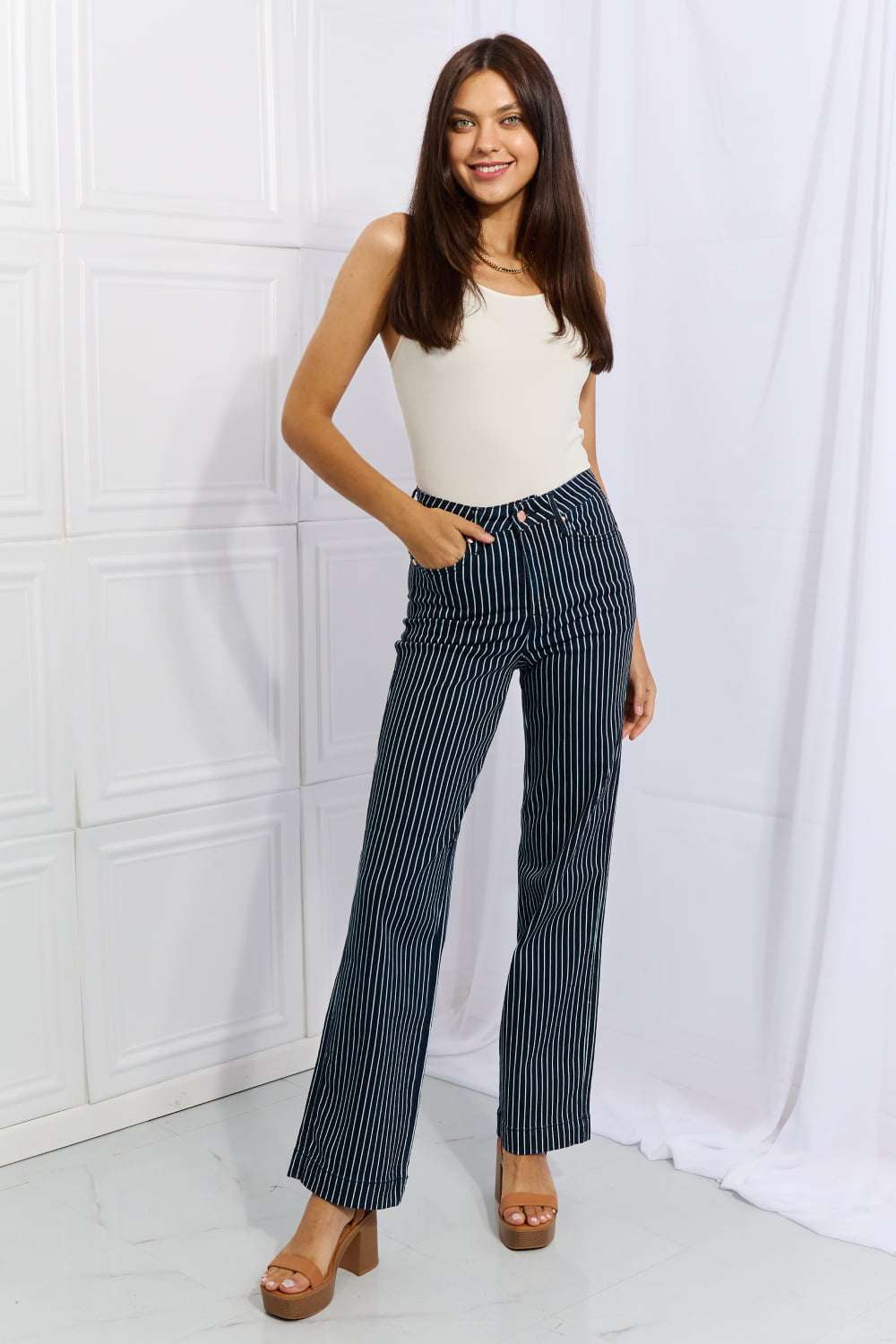 Judy Blue Cassidy Full Size High Waisted Tummy Control Striped Straight Jeans - Jeans Junction Online