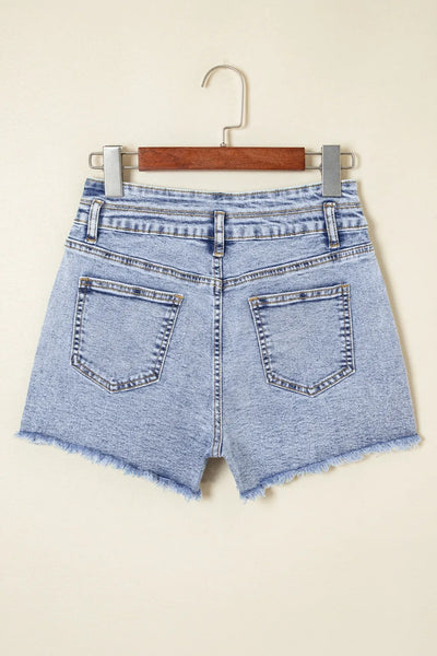 Rhinestone Light Wash Raw Hem High Waist Denim Shorts - Jeans Junction Online
