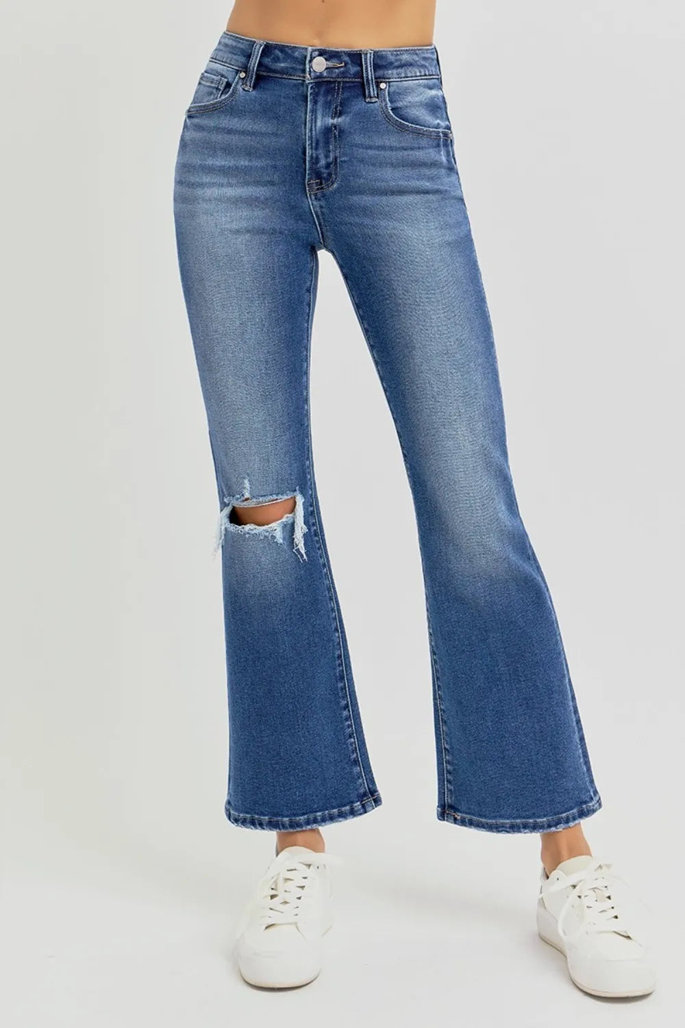 RISEN Full Size Distressed High Rise Crop Flare Jeans - Jeans Junction Online