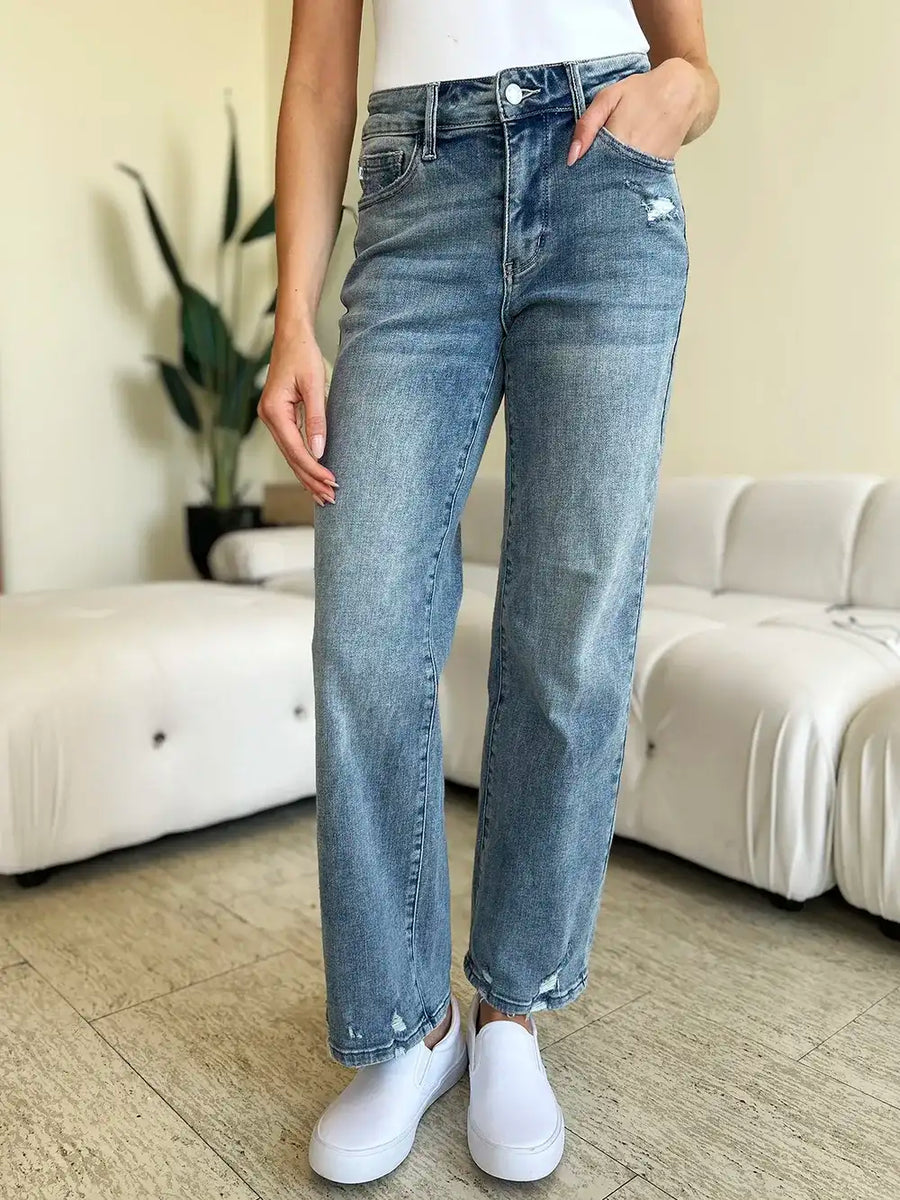 Judy Blue Full Size Mid Rise Distressed Straight Jeans - Jeans Junction Online 