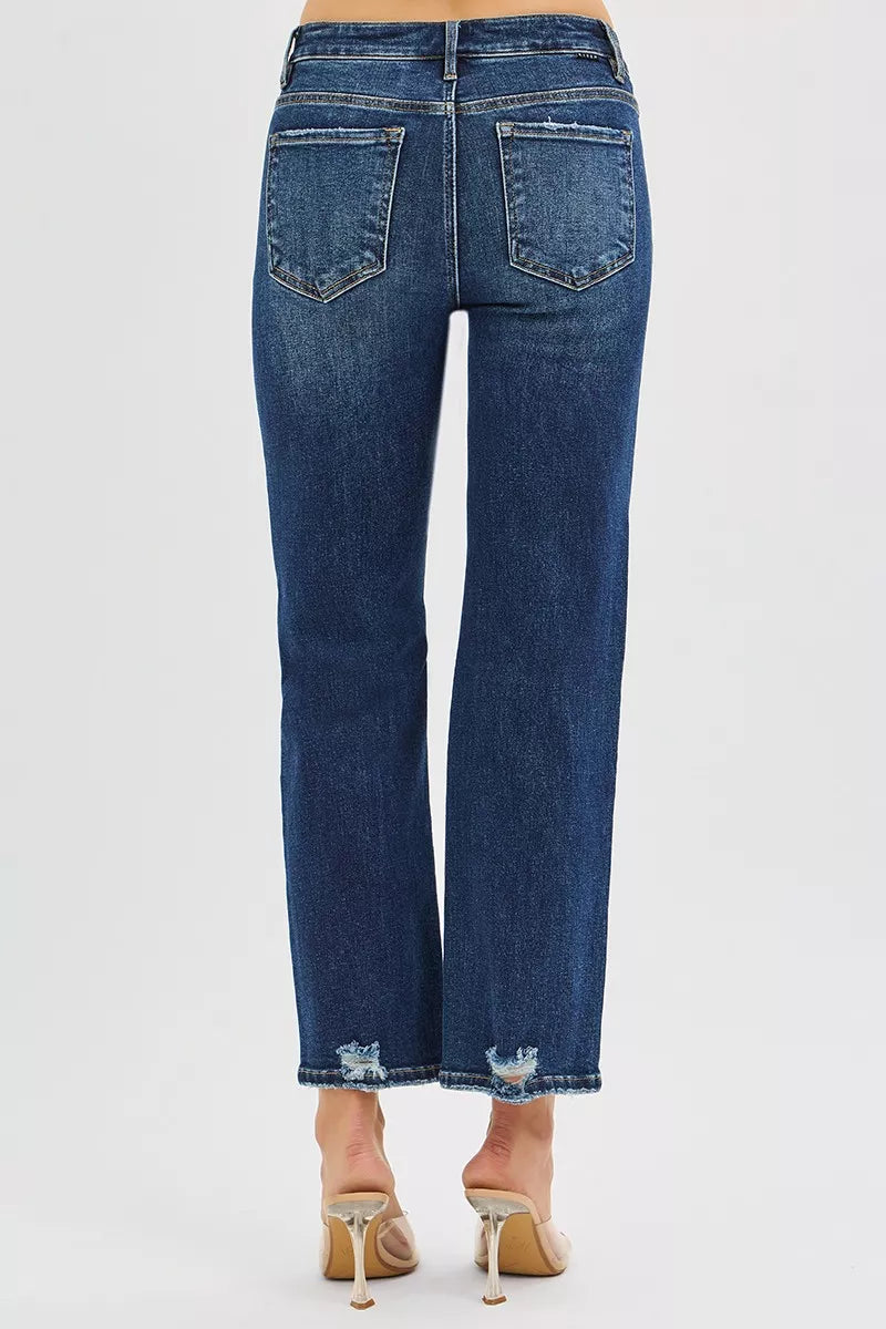RISEN High Rise Crop Slim Straight Jenas with Hidden Knee Patch - Jeans Junction Online