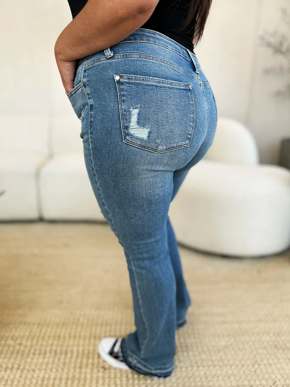 Judy Blue Full Size Mid Rise Destroyed Hem Distressed Jeans - Jeans Junction Online