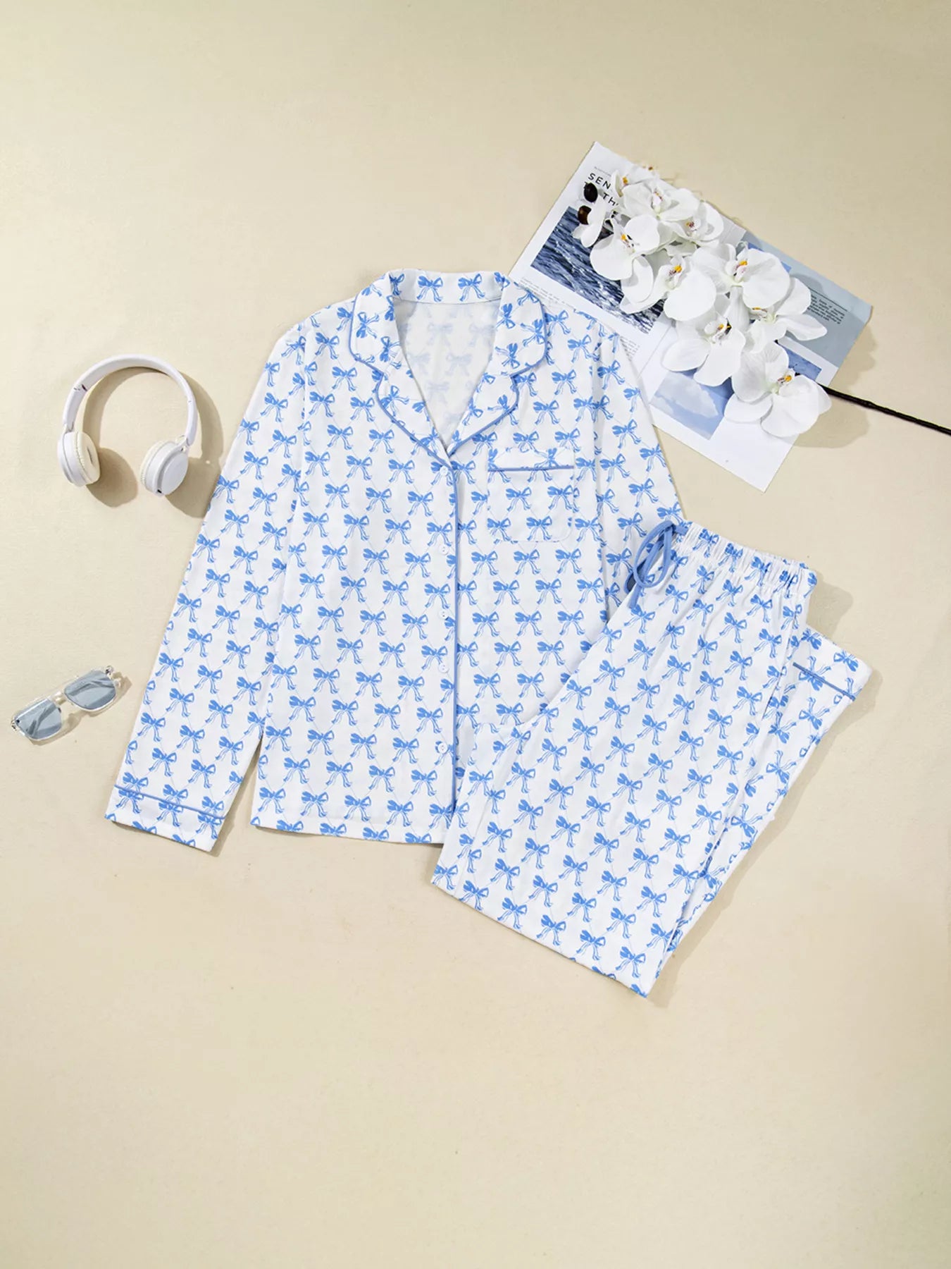 Bow Print Long Sleeve Shirt and Pants Pajama Set - Jeans Junction Online