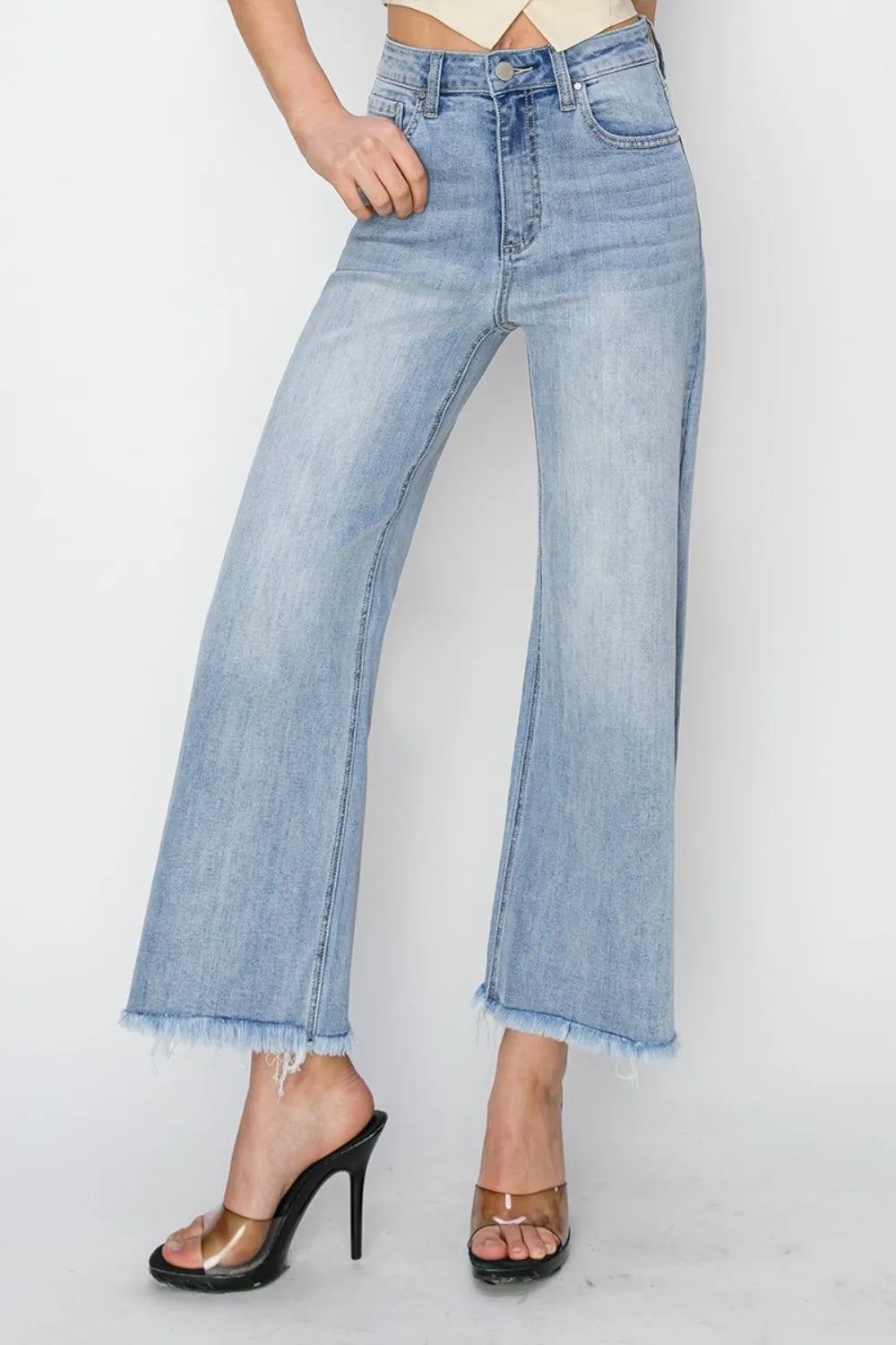 RISEN High Rise Crop Wide Fray Hem Jeans - Jeans Junction Online