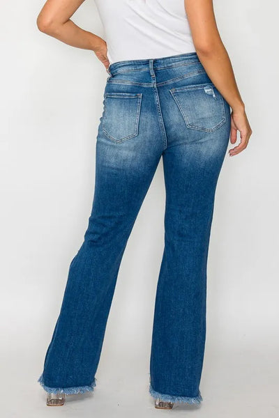 bytos Full Size Raw Hem Distressed High Rise Bootcut Jeans - Jeans Junction Online