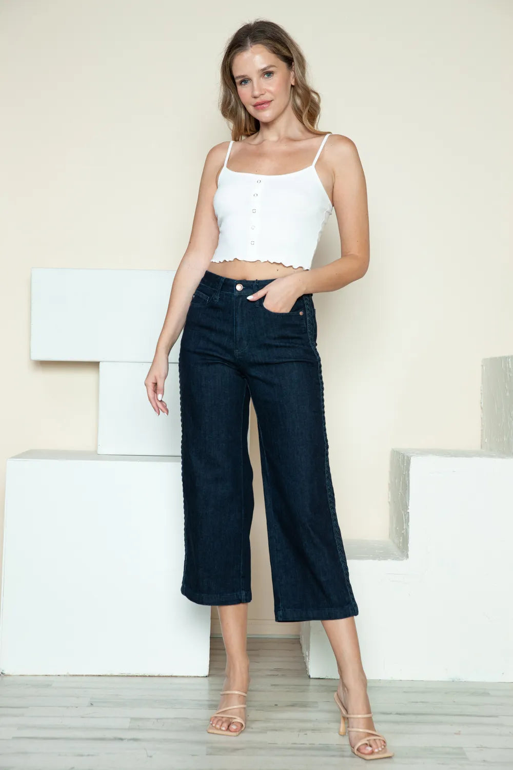 Judy Blue Full Size Side Seam Braid Detail Crop Wide Leg Jeans - Jeans Junction Online
