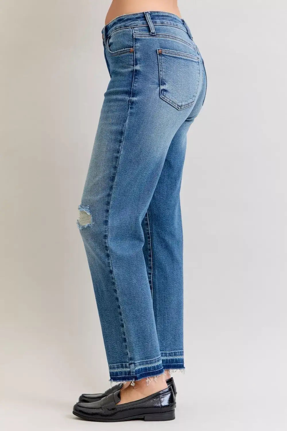 Judy Blue Full Size Mid Rise Bf Patch & Repair Destroy Release Hem Jeans Plus Size - Jeans Junction Online