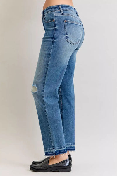 Judy Blue Full Size Mid Rise Bf Patch & Repair Destroy Release Hem Jeans Plus Size - Jeans Junction Online