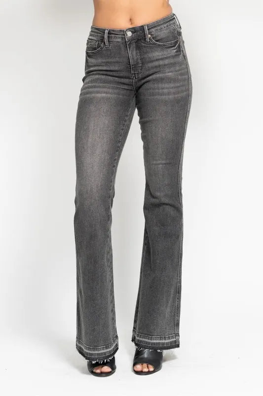 Judy Blue Full Size Mid Rise Tummy Control Washed Gray Release Hem Flare Jeans Plus Size - Jeans Junction Online