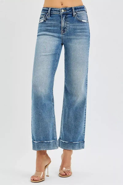 RISEN Full Size Mid Rise Crop Straight Jeans with Taylor Cuffed Plus Size - Jeans Junction Online