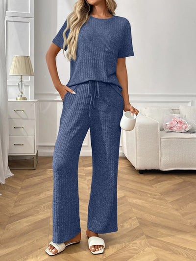Ribbed Knit Short Sleeve Top and Pants Lounge Set - Jeans Junction Online
