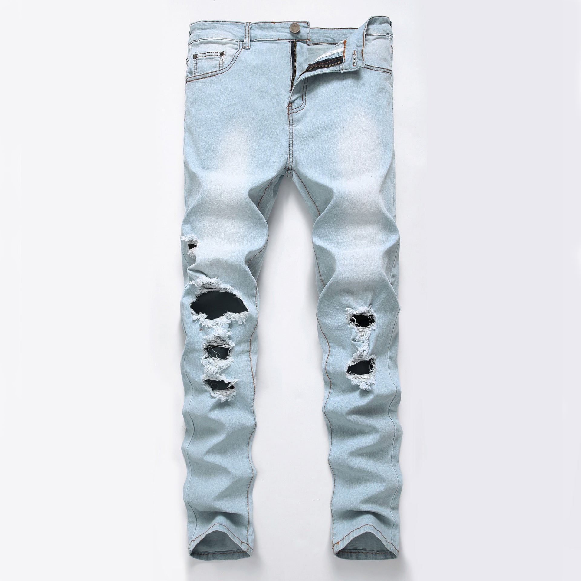 Men's Foreign Trade Light White Blue Big Hole Slim Jeans - Jeans Junction Online