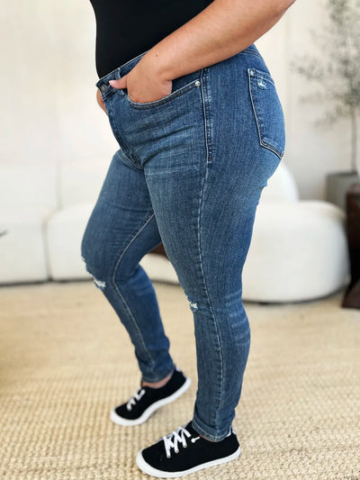 Judy Blue Full Size Mid Waist Distressed Slim Jeans - Jeans Junction Online