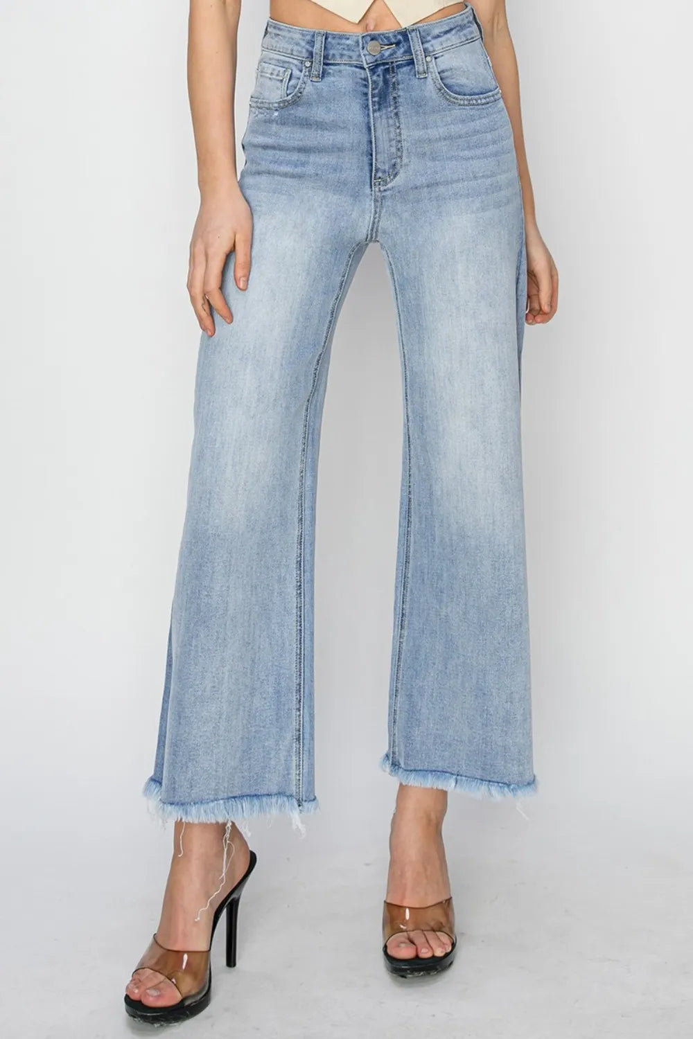 RISEN High Rise Crop Wide Fray Hem Jeans - Jeans Junction Online