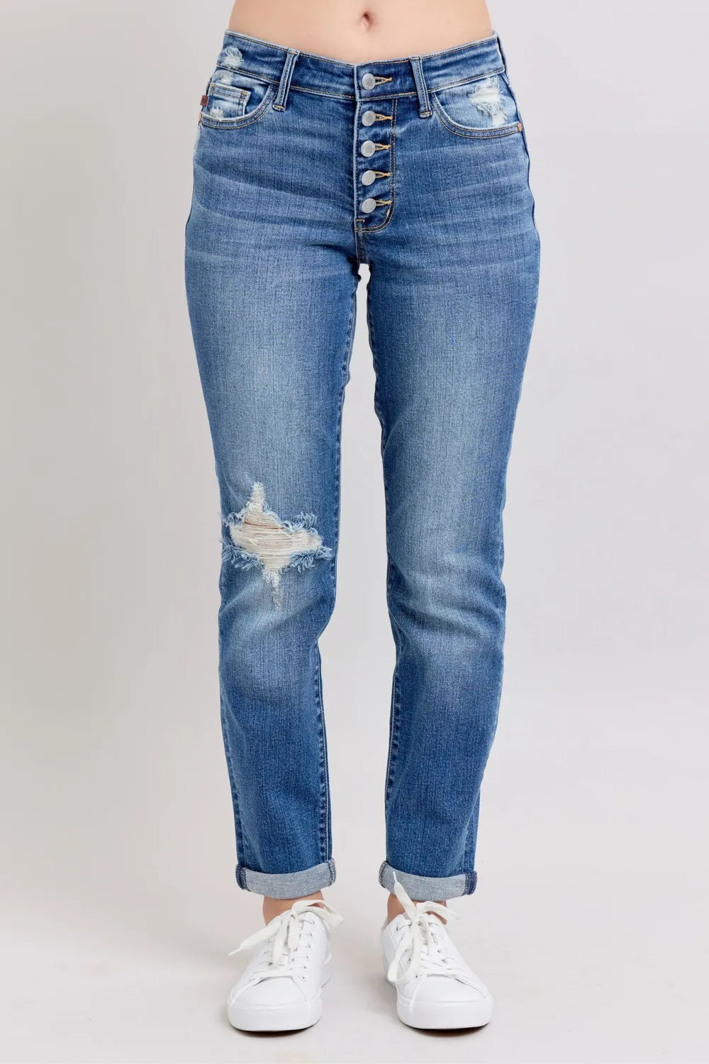 Judy Blue Full Size Button Fly Distressed Jeans with Pockets Plus Size - Jeans Junction Online