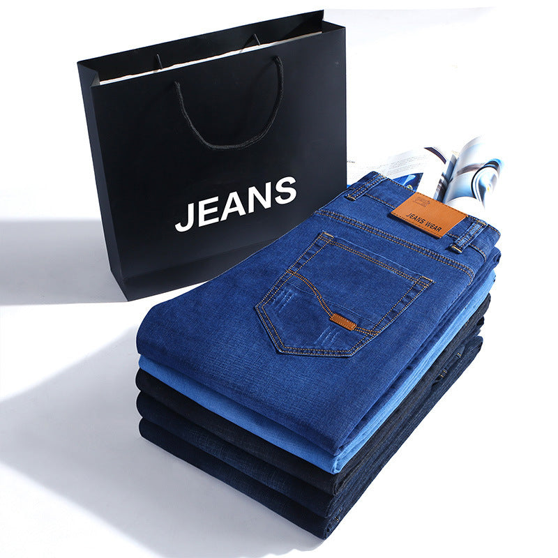 Men'S Spring And Summer Jeans Stretch Slim Straight Mid-Waist Large Size Business Casual Pants - Jeans Junction Online 
