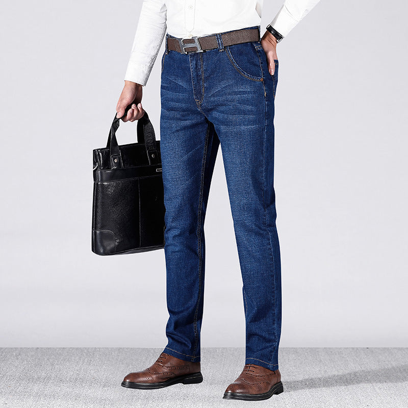 Men'S Spring And Summer Jeans Stretch Slim Straight Mid-Waist Large Size Business Casual Pants - Jeans Junction Online 