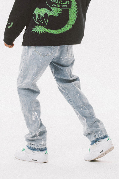 Trendy Street Distressed Rough Blue Straight-Leg Jeans With Broken Ink - Jeans Junction Online