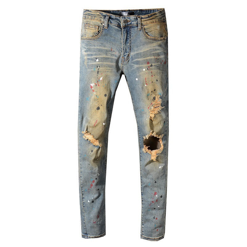 Jeans Men's Feet Pants With Big Holes And Destruction, Old Retro Street Yellow Paint Cowboy - Jeans Junction Online 