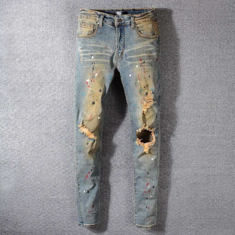 Jeans Men's Feet Pants With Big Holes And Destruction, Old Retro Street Yellow Paint Cowboy - Jeans Junction Online