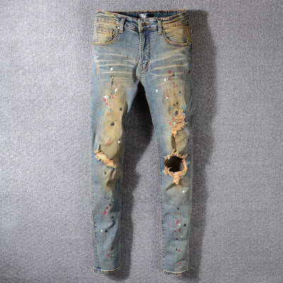 Jeans Men's Feet Pants With Big Holes And Destruction, Old Retro Street Yellow Paint Cowboy - Jeans Junction Online
