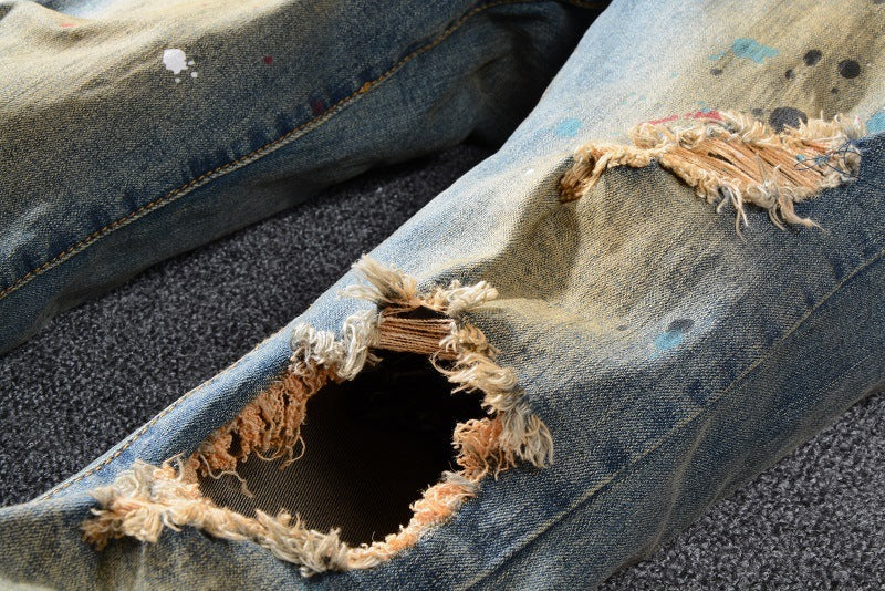 Jeans Men's Feet Pants With Big Holes And Destruction, Old Retro Street Yellow Paint Cowboy - Jeans Junction Online